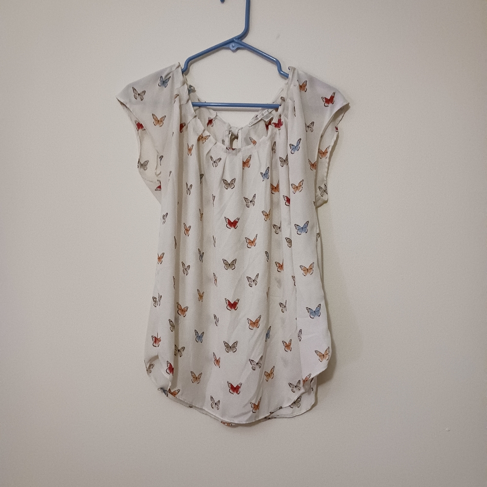 LC Lauren Conrad White Butterfly Print Blouse